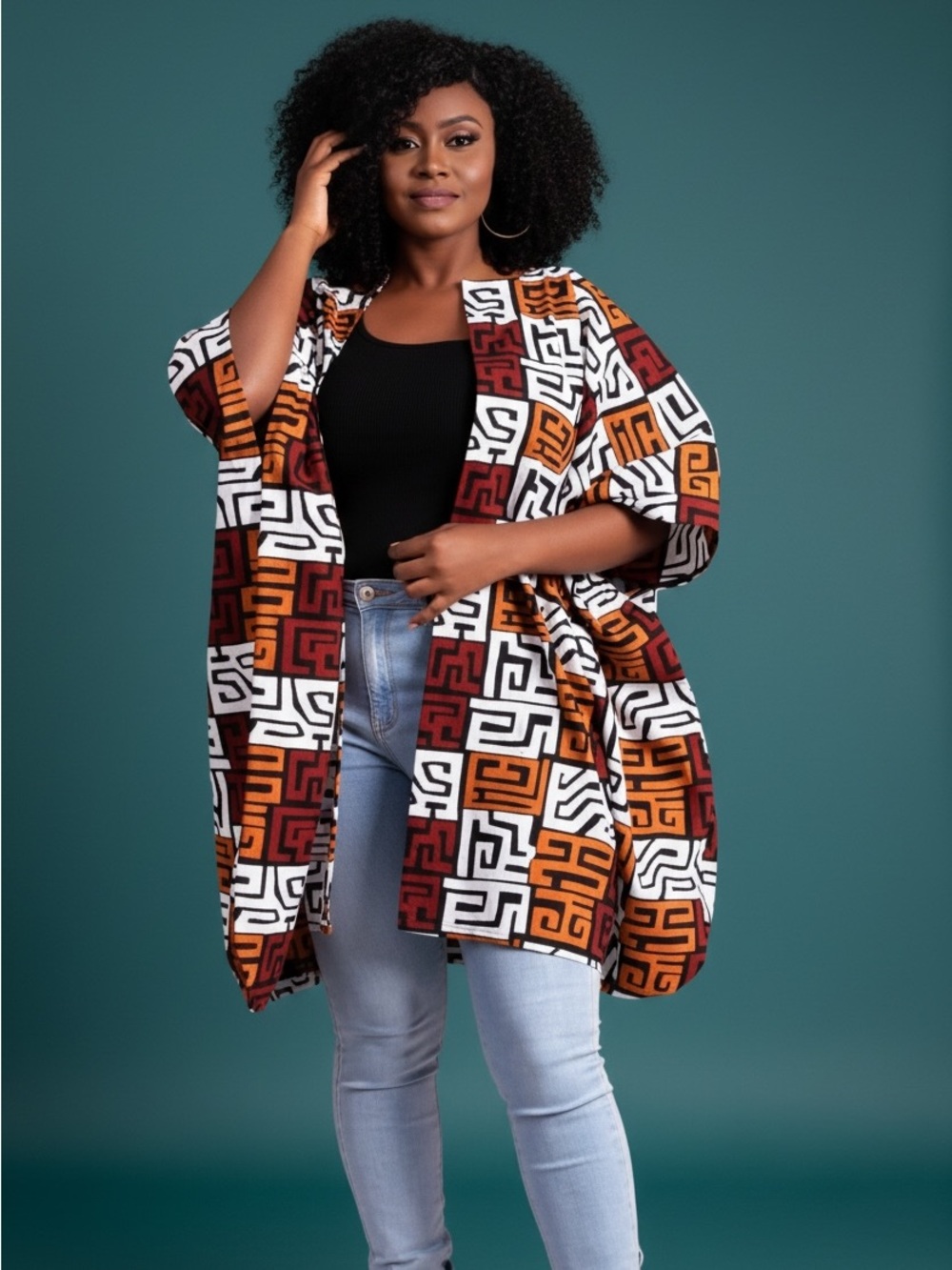 African Print Plud-Size Geometric Open Front Ankara Kimono Oversized Jacket